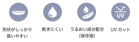 形状がしっかり扱いやすい / 乾きにくい / うるおい成分配合（保存液） / UVカット